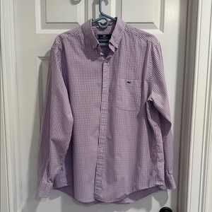 Vineyard Vines, red, blue, white checkered button down shirt.